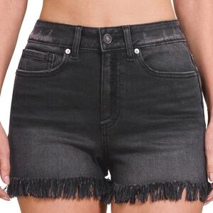 Zenana Mid Rise Frayed Hem Washed Black Denim Shorts